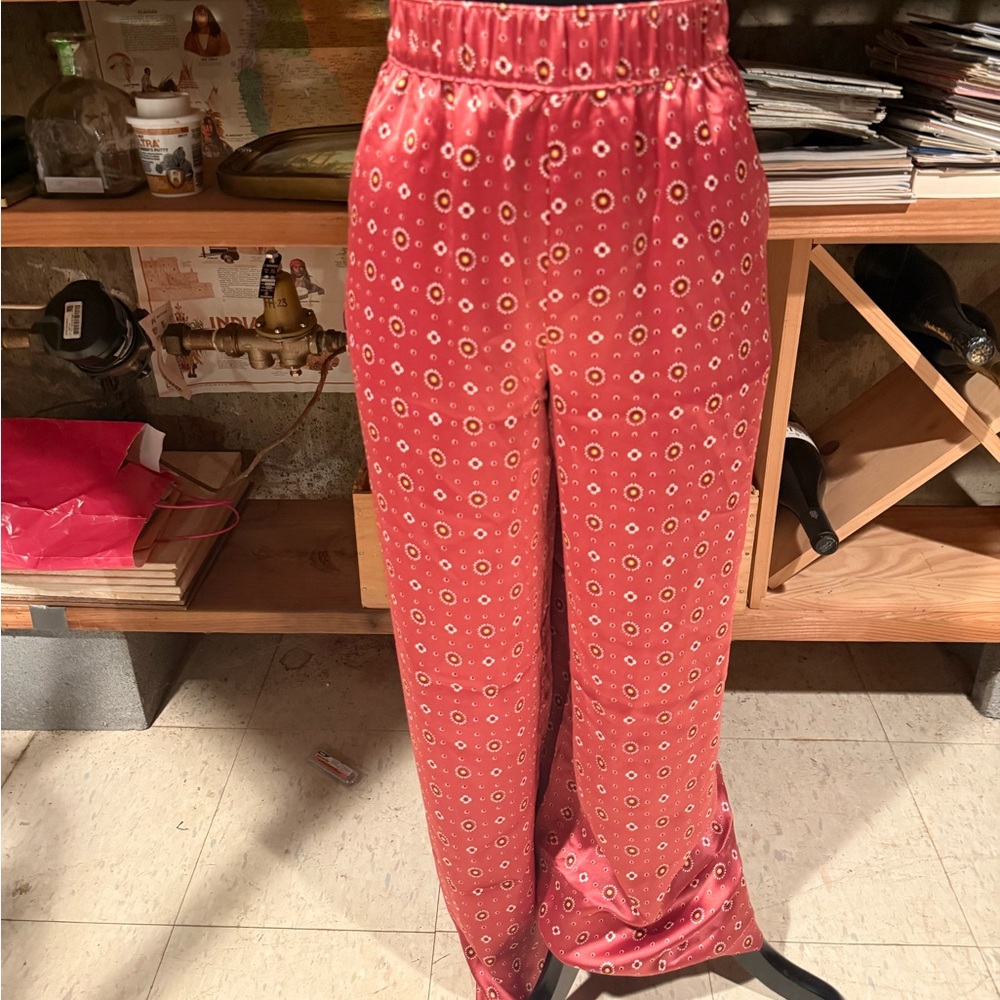 NWT LOFT CoralPink Printed Wide-Leg Satin Pull-On Pants